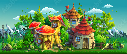 Fairy tales village with small houses. Panorama. Vector cartoon illustration.