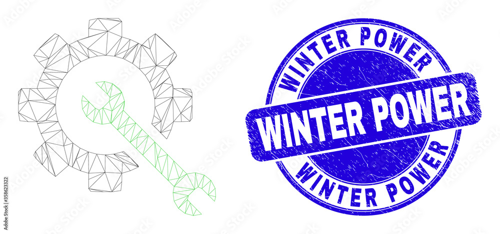 Web carcass service tools icon and Winter Power seal stamp. Blue vector rounded scratched stamp with Winter Power phrase. Abstract frame mesh polygonal model created from service tools icon.
