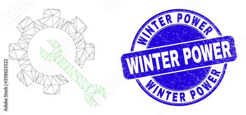 Web carcass service tools icon and Winter Power seal stamp. Blue vector rounded scratched stamp with Winter Power phrase. Abstract frame mesh polygonal model created from service tools icon.