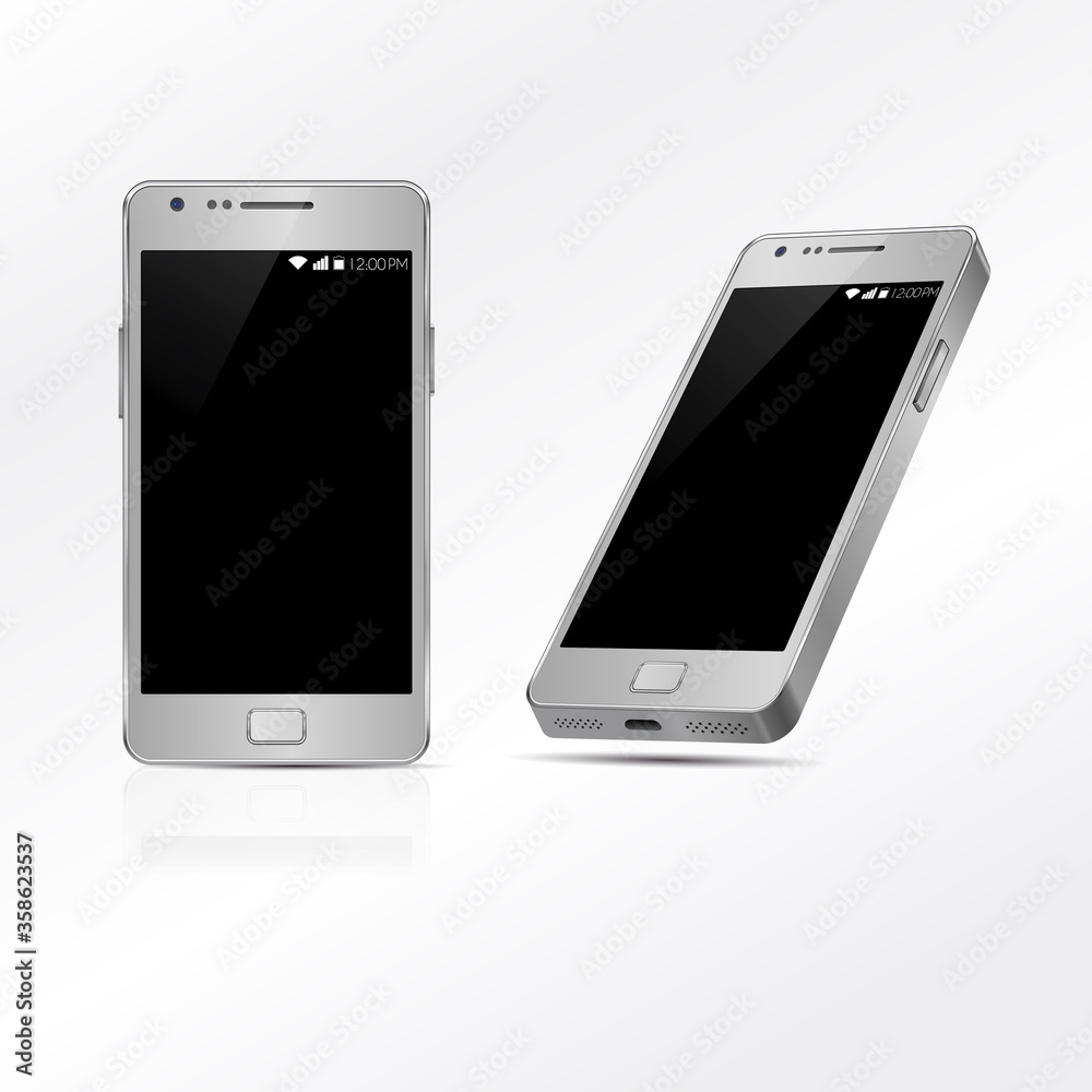 Grey Mobile phone mock up with blank screen isolated on white background. Vector illustration. Game and application mockup. Realistic white perspective smartphones vector set. Perspective. Grey Mobile phone mock up with blank screen isolated on white background. Vector illustration. Game and application mockup. Realistic white perspective smartphones vector set. Perspective.