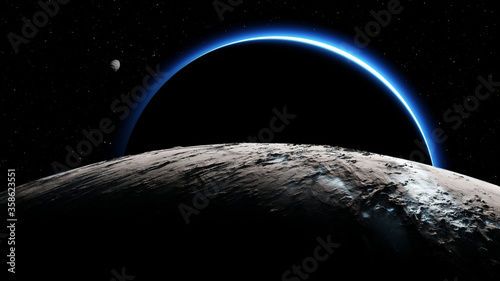 Fototapeta Naklejka Na Ścianę i Meble -  Dark side of Pluto, view from the moon Charon