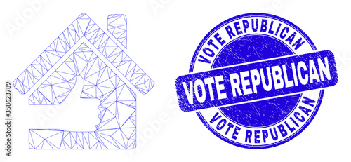 Web mesh best house icon and Vote Republican seal. Blue vector rounded grunge seal stamp with Vote Republican caption. Abstract carcass mesh polygonal model created from best house icon.
