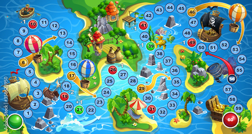 Treasure Island Board Game. Map of sea with tropical islands. On a wooden ship in search of treasure. Need a dice and chips.