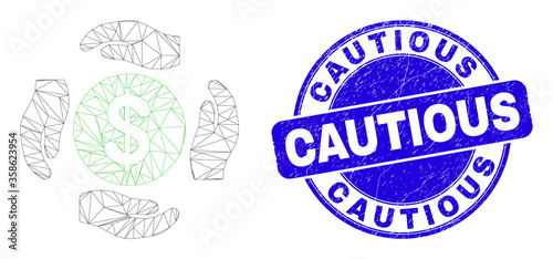 Web carcass dollar care hands icon and Cautious seal stamp. Blue vector round scratched stamp with Cautious message. Abstract carcass mesh polygonal model created from dollar care hands icon.