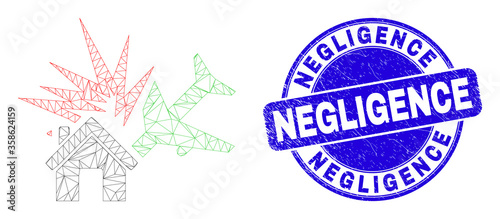 Web mesh airplane disaster icon and Negligence seal stamp. Blue vector rounded distress seal stamp with Negligence phrase. Abstract frame mesh polygonal model created from airplane disaster icon.