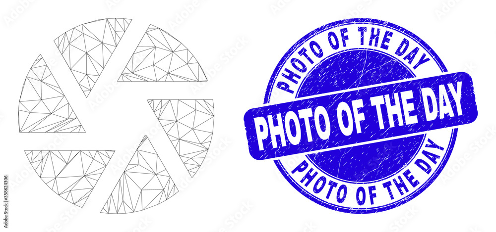 Obraz premium Web carcass shutter pictogram and Photo of the Day seal stamp. Blue vector round distress seal stamp with Photo of the Day message. Abstract carcass mesh polygonal model created from shutter icon.
