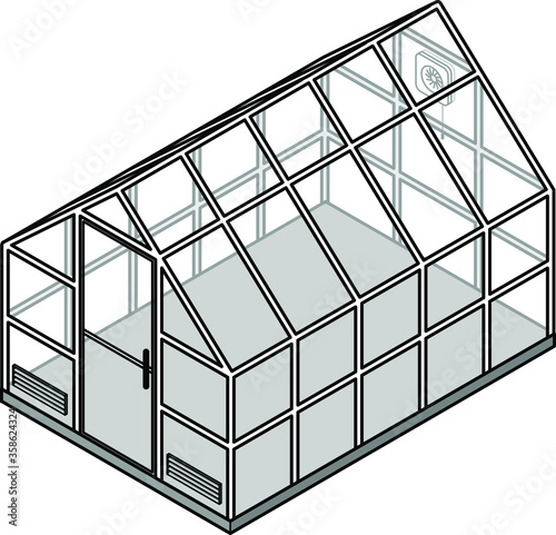 A small domestic greenhouse / hot house / glass house with ventilation grills and an extractor fan. Drawn in a simple line style.