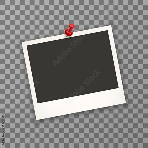Blank old photo with pin needle. Photo retro frames on wall attached with pins. Transparent background Photo frame in vintage style. Vector illustration. EPS 10.