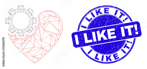 Web carcass heart gear pictogram and I Like It! seal stamp. Blue vector round distress seal stamp with I Like It! message. Abstract carcass mesh polygonal model created from heart gear pictogram.