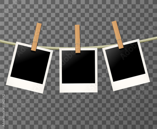 Blank Vintage Retro photo frames on the rope or clothespin on the transparent background - vector illustration. EPS 10.