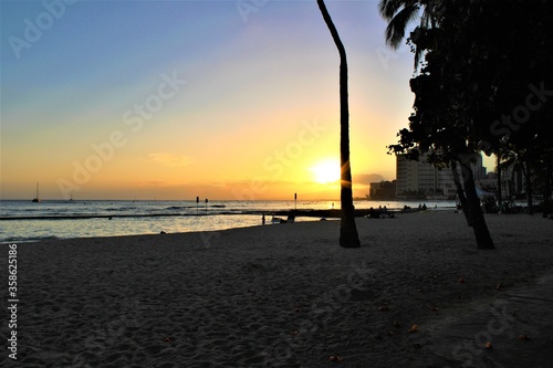 Tropical Beach at sunset , Waikiki, Hawaii