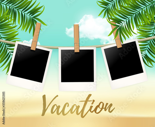 Summer three photo frames on the rope with summer sea and beach vacation - vector illustration. Blank polaroid photos on the clothespin with palm trees. Summer Hot background for your photo.