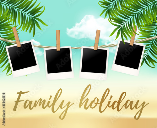 Summer four photo frames on the rope with summer sea and beach vacation - vector illustration. Blank polaroid photos on the clothespin with palm trees. Summer Hot background for your photo.