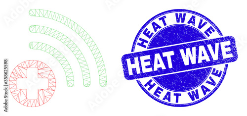Web mesh medical source pictogram and Heat Wave stamp. Blue vector round distress seal with Heat Wave message. Abstract carcass mesh polygonal model created from medical source pictogram.