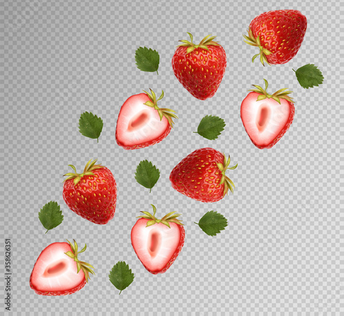 Fototapeta Naklejka Na Ścianę i Meble -  Realistic strawberry with leaves, summer fruit, delicious isolated fruit, summer dessert, vector illustration
