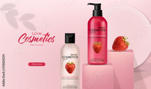Realistic cosmetics with strawberry , skin care, summer cosmetics, geometric forms, shampoo and conditioner, pink bottle packaging mockup 3d, strawberry liquid, pink design, vector illustration