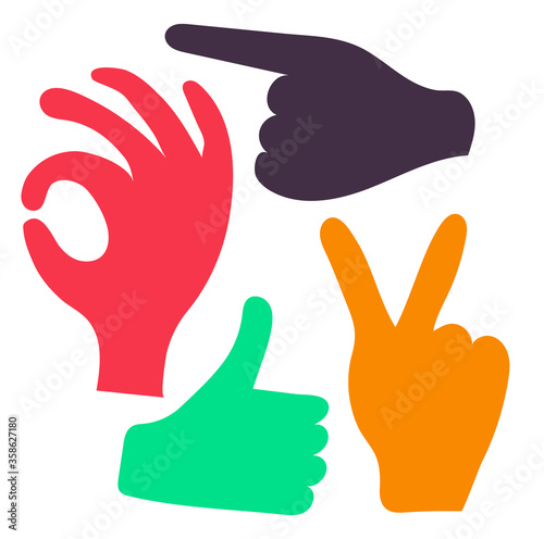 Collection of handwritten decorative design elements hand drawn in trendy style-hand signs ok, victory, like, pointer. Colorful vector illustration for T-shirt print, cover, card ect