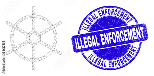 Web carcass ship rule wheel icon and Illegal Enforcement watermark. Blue vector round grunge watermark with Illegal Enforcement caption.