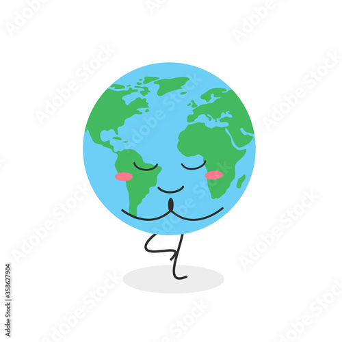 Cute globe character practicing yoga tree position