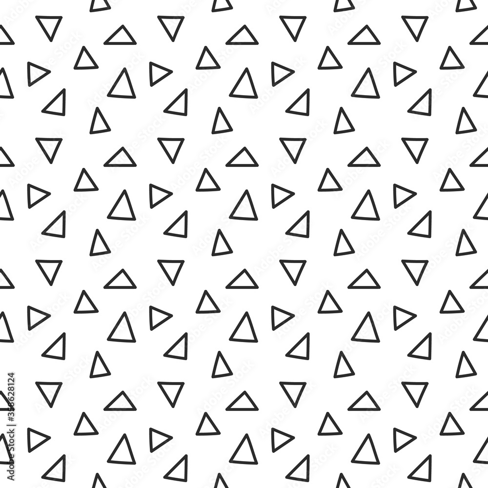 Seamless pattern with triangles, in doodle style. Black and white line art. Design template for wallpaper, wrapping, fabric, textile, web, banner, poster. Seamless pattern with triangles, in doodle style. Black and white line art. Design template for wallpaper, wrapping, fabric, textile, web, banner, poster.