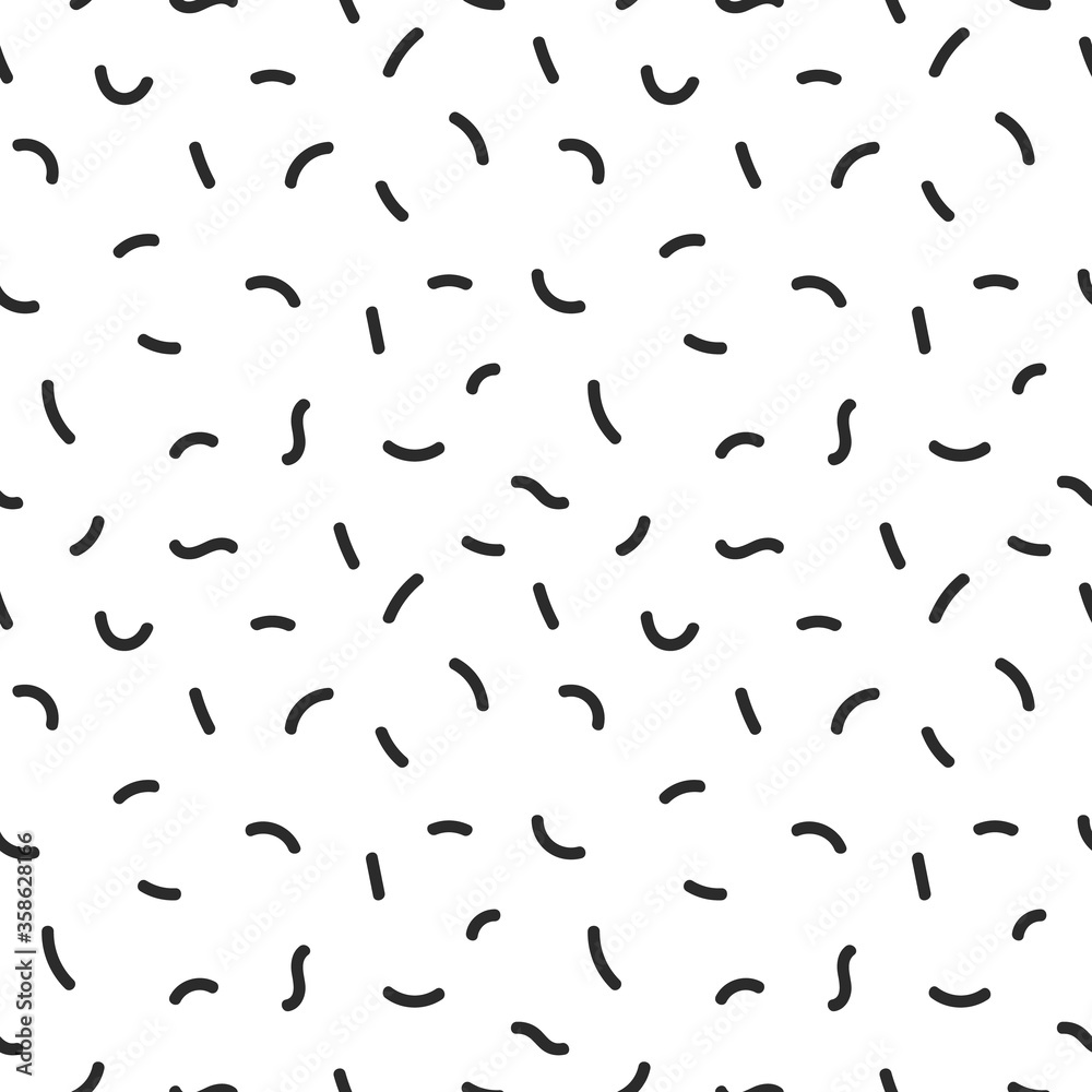 Seamless pattern with short wavy lines, in doodle style. Black and white line art. Design template for wallpaper, wrapping, fabric, textile, web, banner, poster.