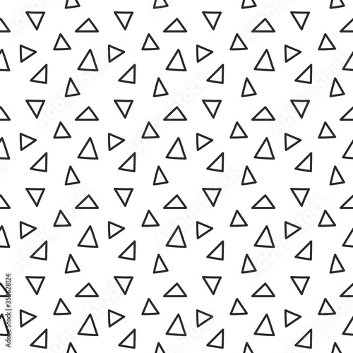 Seamless pattern with triangles, in doodle style. Black and white line art. Design template for wallpaper, wrapping, fabric, textile, web, banner, poster.