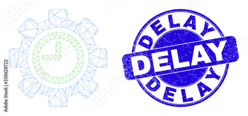 Web mesh clock settings gear pictogram and Delay seal stamp. Blue vector round textured seal stamp with Delay caption. Abstract carcass mesh polygonal model created from clock settings gear pictogram.