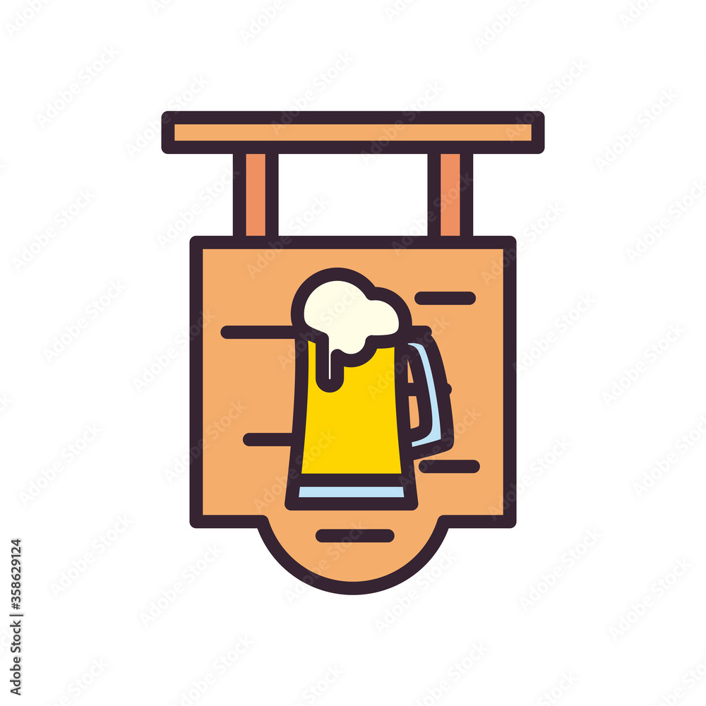 Beer glass on wood banner line and fill style icon vector design Beer glass on wood banner line and fill style icon vector design
