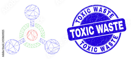 Web mesh toxic Nerve agent pictogram and Toxic Waste seal stamp. Blue vector rounded distress stamp with Toxic Waste title.