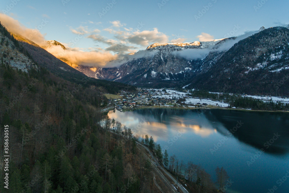 Aerial drone photo of Obertraun Lake Hallstatt in Salzkammergut, Austria in Winter