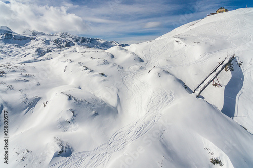 Winter in Dachstein Krippenstein mountains in Obertraun, Austria aerial drone photo