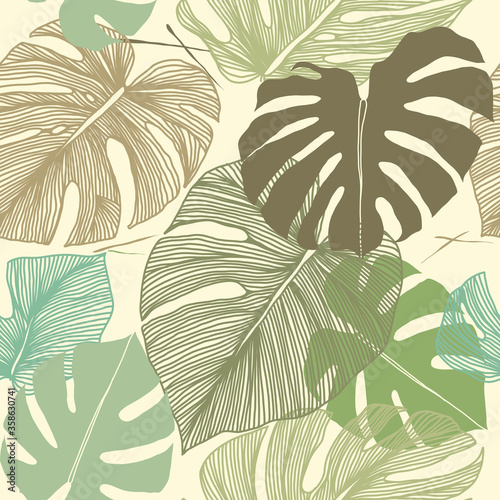 Seamless floral pattern from Tropical Monstera deliciosa plant. Tropical leaves in bright colors. Hand drawn pattern. Line art. Vector illustration
