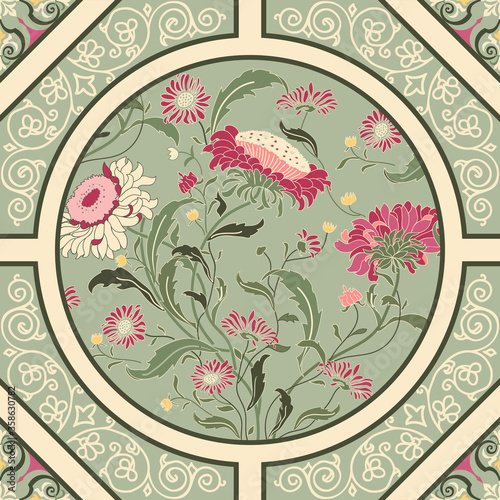 Seamless patchwork tile with Victorian motives. Seamless vintage pattern with flowers. Antique Victorian wall tile. Hand drawn Vector illustration