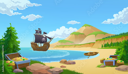 Pirate ship in a bay with trunks of treasure or booty on a sandy beach, colored vector illustration