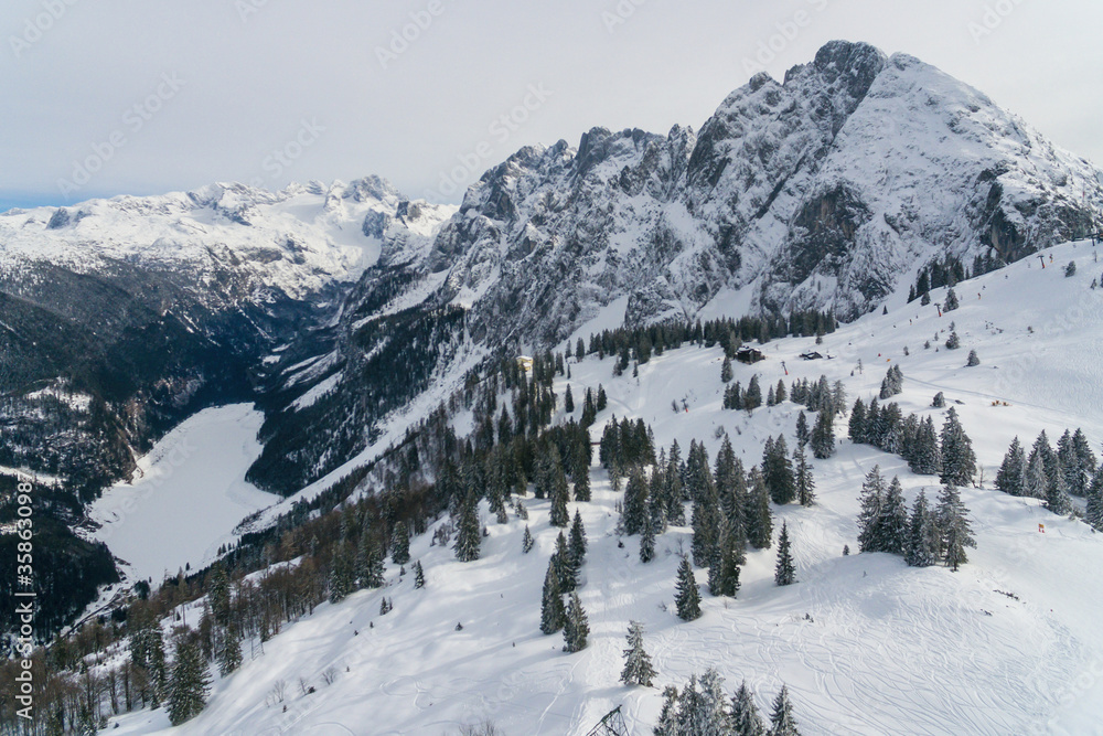 Winter in Dachstein Krippenstein mountains in Austria aerial drone photo