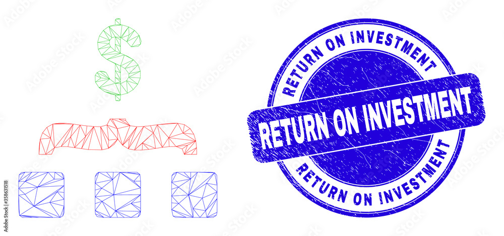 Web carcass dollar aggregation pictogram and Return on Investment stamp. Blue vector rounded textured seal stamp with Return on Investment phrase.