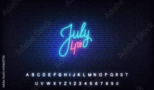 July 4th neon. USA Independence Day glowing lettering sign