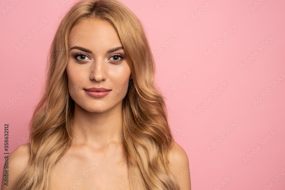 Portrait of pretty, gorgeous girl with problem oil dry face skin, plump lips, isolated on pink background, hygiene, correction, nutrition, rejuvenation concept. free space for logo or text Portrait of pretty, gorgeous girl with problem oil dry face skin, plump lips, isolated on pink background, hygiene, correction, nutrition, rejuvenation concept. free space for logo or text
