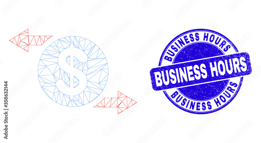 Web mesh dollar exchange arrows icon and Business Hours watermark. Blue vector round scratched watermark with Business Hours caption. Web mesh dollar exchange arrows icon and Business Hours watermark. Blue vector round scratched watermark with Business Hours caption.