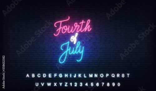 Fourth of July neon banner. USA Independence Day glowing lettering sign