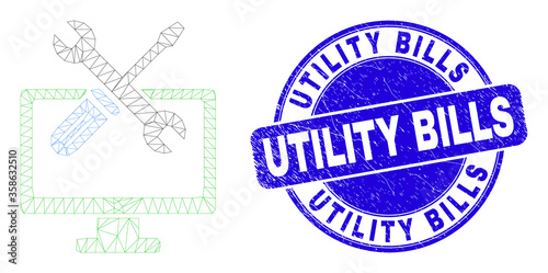 Web mesh desktop options pictogram and Utility Bills seal stamp. Blue vector rounded distress stamp with Utility Bills caption. Abstract carcass mesh polygonal model created from desktop options icon.