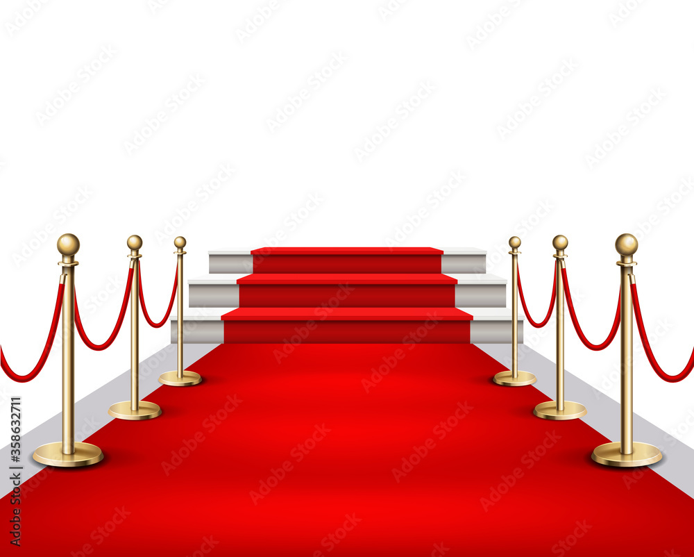 Vector illustration Red event carpet and golden barriers Realistic illustration in white