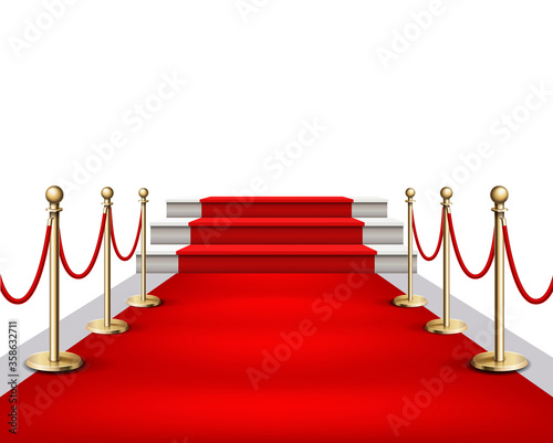 Vector illustration Red event carpet and golden barriers Realistic illustration in white background. Red carpet event design element.