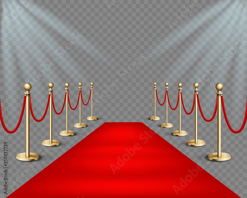 Vector illustration Red event carpet and golden barriers with lights projectors. Realistic illustration in transparent background. Red carpet event design element