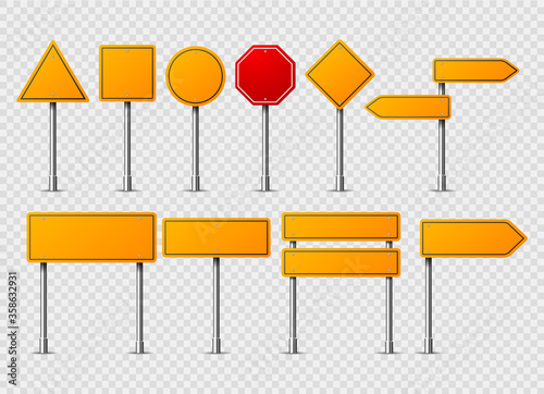 Yellow road traffic signs. Road board text panel, mockup signage direction highway city signpost location street arrow way vector set Blank traffic label. Warning, caution, attention, stop banner.