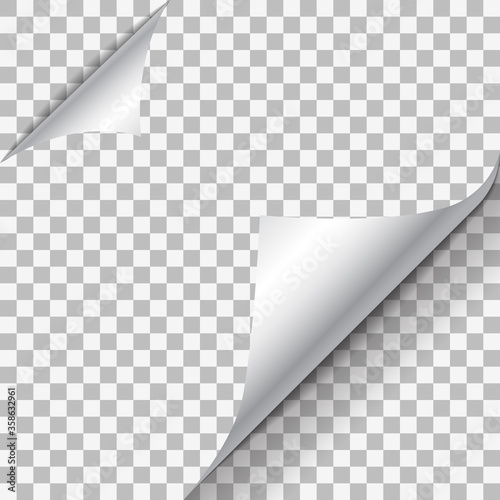Page curl with shadow on blank sheet of paper. White paper sticker. Element for advertising and promotional message isolated on transparent background. Vector illustration for your design and business