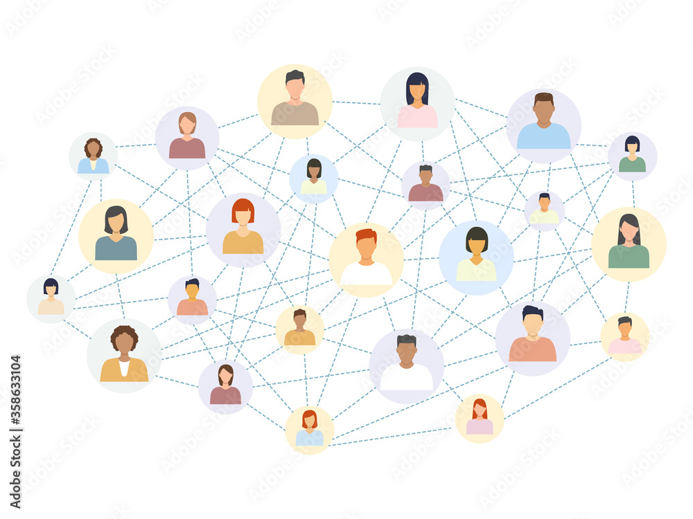 Social network scheme connecting multicultural people. Abstract social network world connect people icons relationship vector illustration isolated on white. - obrazy, fototapety, plakaty 