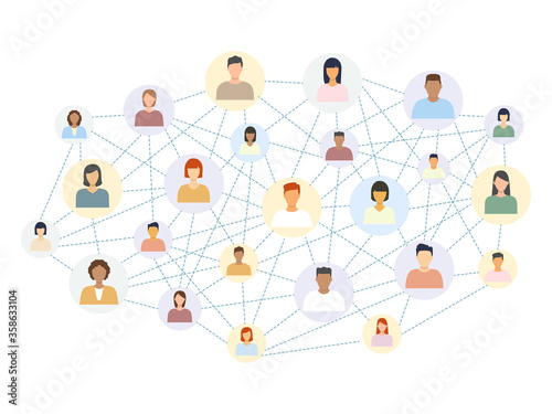 Social network scheme connecting multicultural people. Abstract social network world connect people icons relationship vector illustration isolated on white.