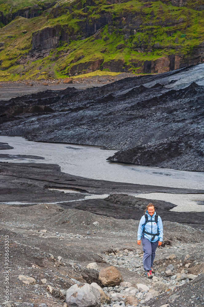 Hiking in front of  Tongue of Myrdals Jokull Glacier near Skogar SW Iceland