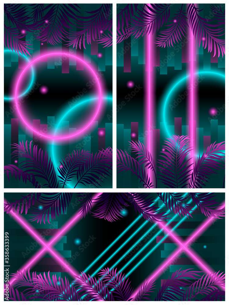 Fototapeta Zestaw trzech neonowych cyberpunkowych teł z kołami i krzyżami w kolorze magenta i cyjan na geometrycznych wzorach, kolorowa ilustracja wektorowa